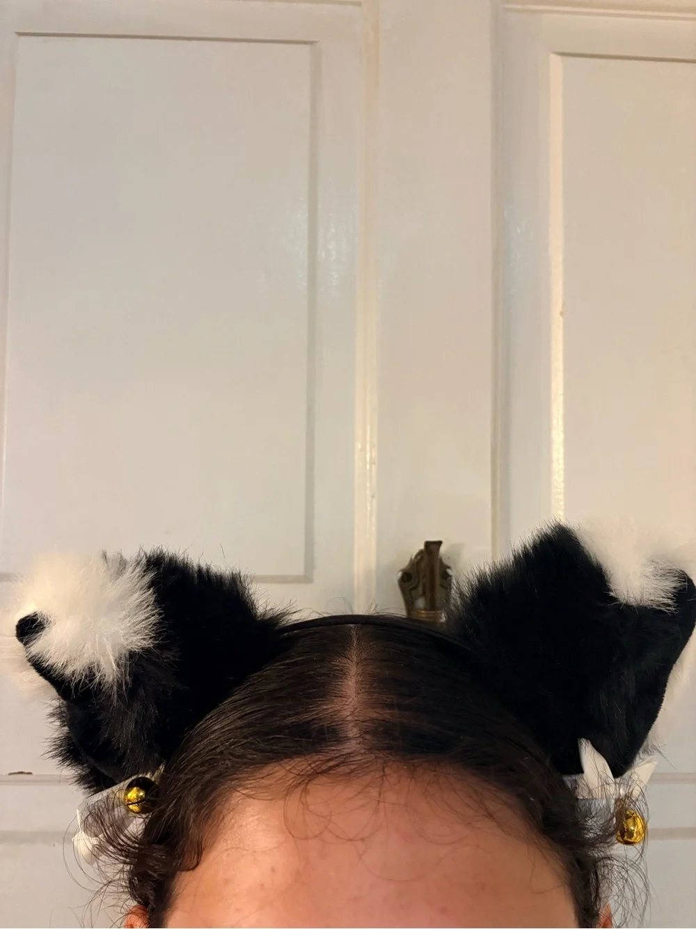 Black & White Furry Cat Ear Headband with Bows and Bells